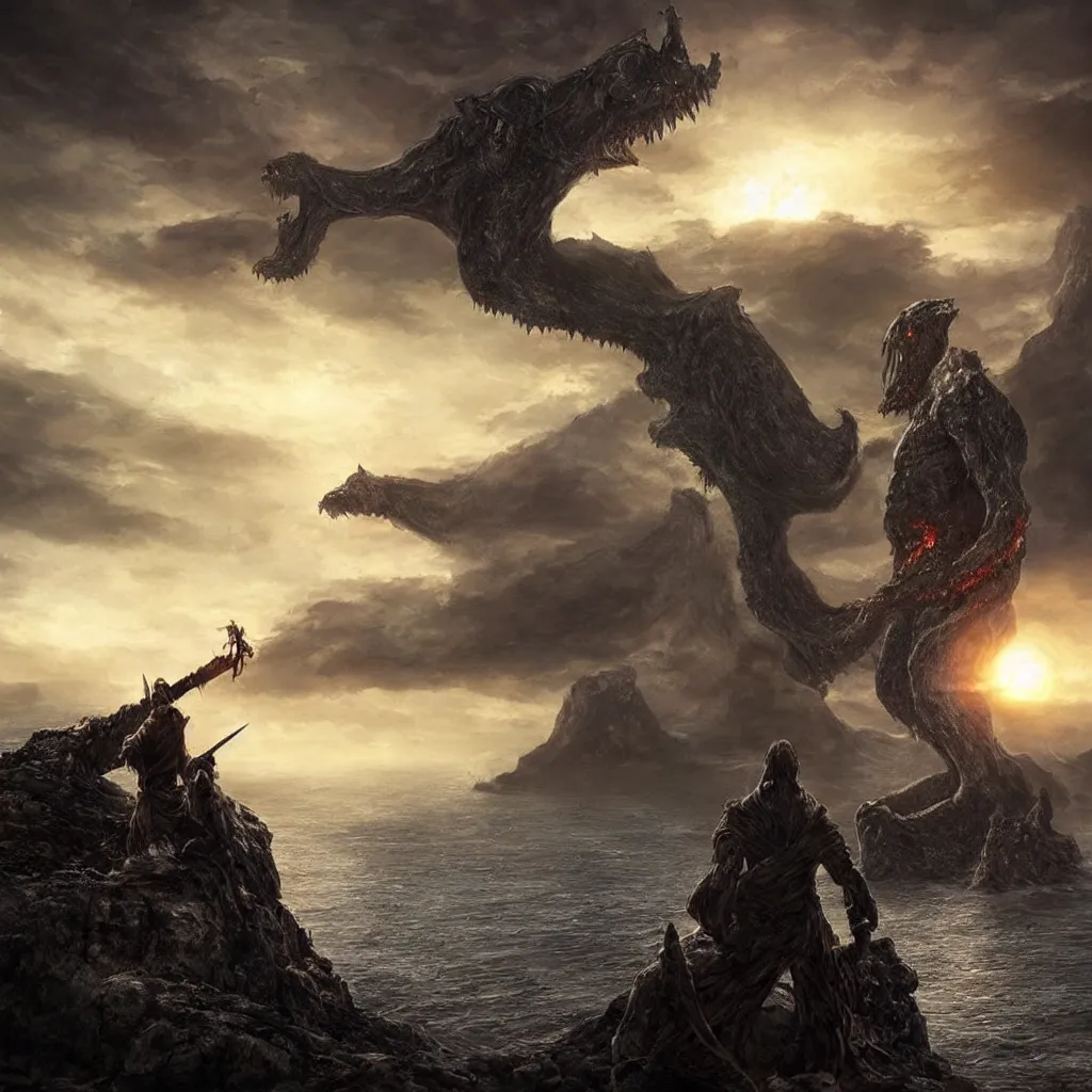 Prompt: a man holding a sword looking out over a cliff while a large lovecraftian monster looms over him darkening the setting sun behind him , hyper realistic ,gloomy, horror, scary, nightmare