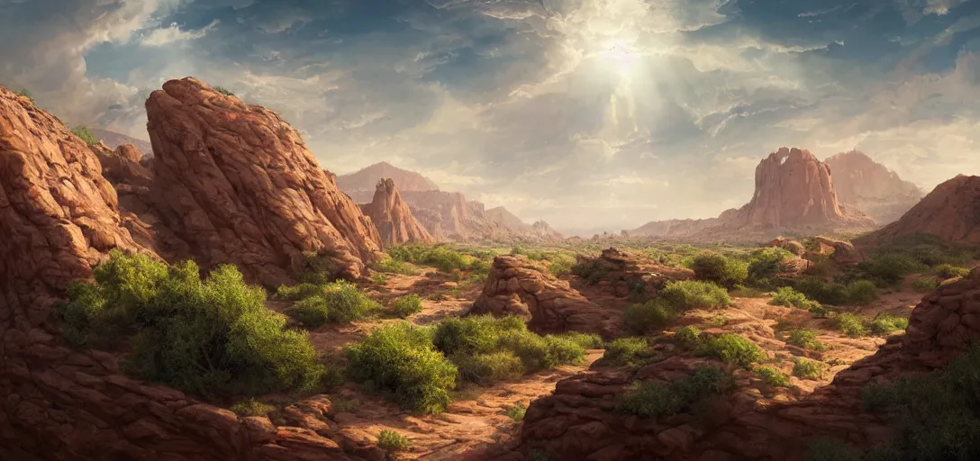 Image similar to beautiful utah desert, rock arcs, lush vegetation, landscape, alex ross, eddie mendoza, raphael lacoste, sebastian ludke, concept art, matte painting, highly detailed, rule of thirds, dynamic lighting, cinematic, detailed, magnificiant landscape, denoised, centerd