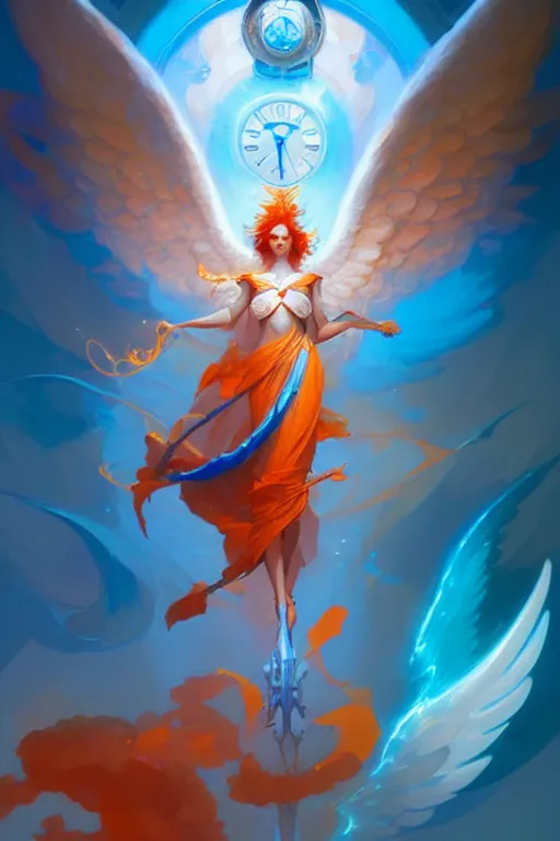 Prompt: highly detailed and complex angel of time, blue and orange color scheme, by peter mohrbacher and greg rutkowski and craig mullins