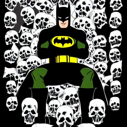 Image similar to Batman sitting in a throne made out of skulls, digital art