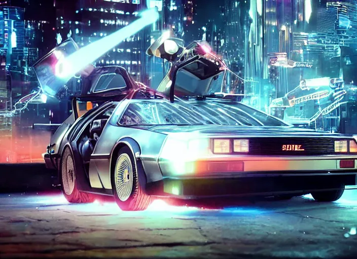 Image similar to a cyberpunk delorean breaking the space - time continuum, energy and time particles, dramatic framing, movie footage, 8 k