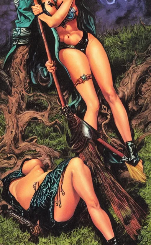 Image similar to pinup of a witch reclining on a broom, by Jeff Easley and Simon Bisley