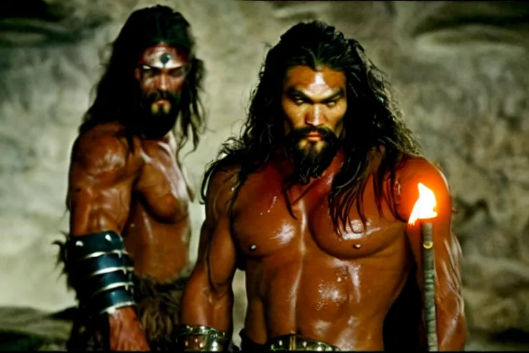 Image similar to film still from conan the barbarian, jason momoa as conan holding a torch in the catacombs of evil, fantasy armor, volumetric lighting, mist, wet skin and windblown hair, muscular!!!, masculine pose, ridley scott