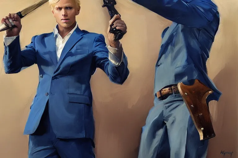 Image similar to greg manchess portrait painting of a blond man in a blue suit with a sword and a pistol, asymmetrical, profile picture, organic painting, sunny day, matte painting, bold shapes, hard edges, street art, trending on artstation, by huang guangjian, gil elvgren, ruan jia, randy vargas, greg rutkowski