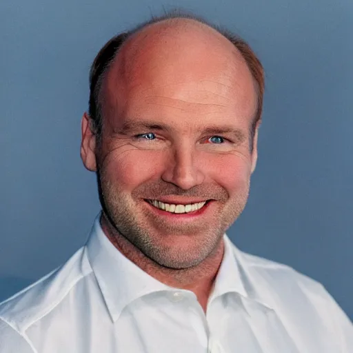 Image similar to color photograph of a balding, middle aged, brown haired, hairy, blue eyed, round faced, short white man dressed in a white shirt, smiling at the camera with perfect, straight white teeth