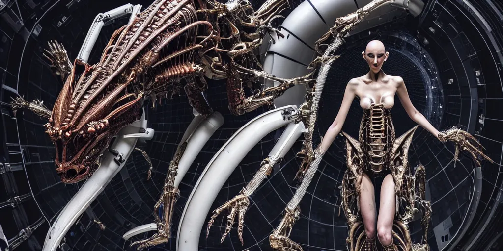 Prompt: space station, walking down the catwalk, stage, vogue photo, podium, fashion show photo, iris van herpen baroque dress, helmet on face, beautiful woman, perfect body, full body shot, masterpiece, guyver, giger, biomechanical details, denis villeneuve, legendary dragon, cinestill, bokeh, artstation