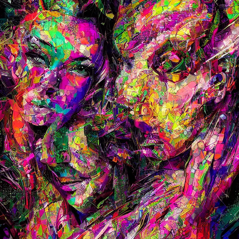 Image similar to hyper-maximalist overdetailed half portrait half collage slightly abstract pesudofigurative digital illustration by archan nair feat hakan hisim inspired by works of android jones. Pschedelic visionary artwork.