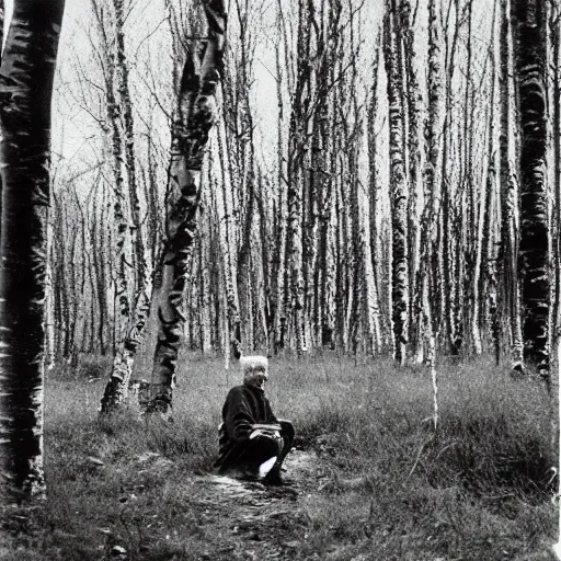 Prompt: photograph of an old man in a birch grove, medium format, shallow depth of field, tarkovsky