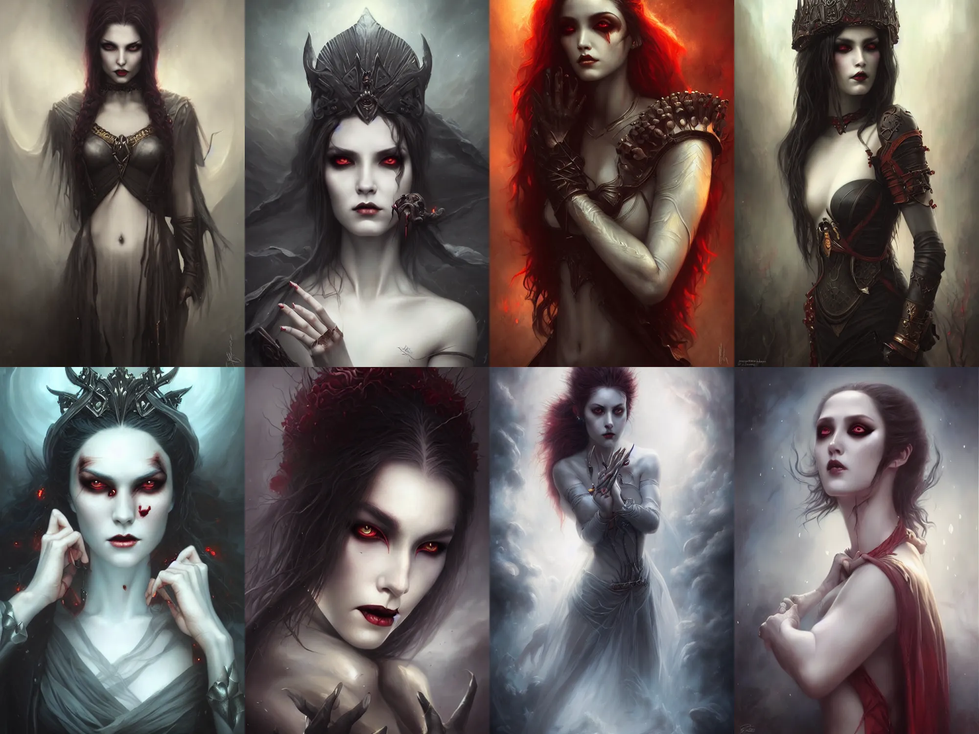 Prompt: a hauntingly beautiful vampire warrior queen, painted by artgerm and tom bagshaw, fantasy art, dramatic lighting, highly detailed oil painting