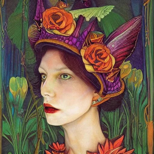 Image similar to the bone crown, by annie swynnerton and leo and diane dillon and ( diego rivera ), elaborate costume, flowers, iridescent beetles, rich color, dramatic cinematic lighting, smooth, sharp focus, extremely detailed