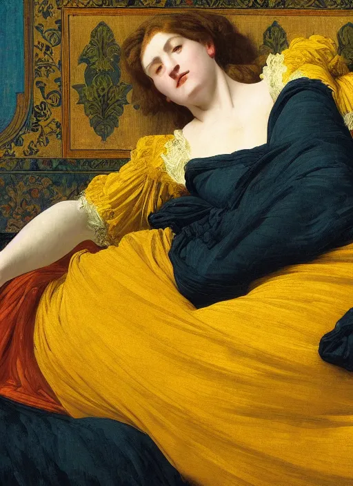 Image similar to masterpiece portrait of lady reclining on bed wearing yellow ochre ornate medieval dress, vertical, foreshortening, colour photography by frederic leighton, william morris, 8 k