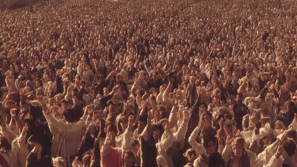 Image similar to movie still of a crowd waving saying good morning, cinematic composition, cinematic light, by alejandro jodorowsky