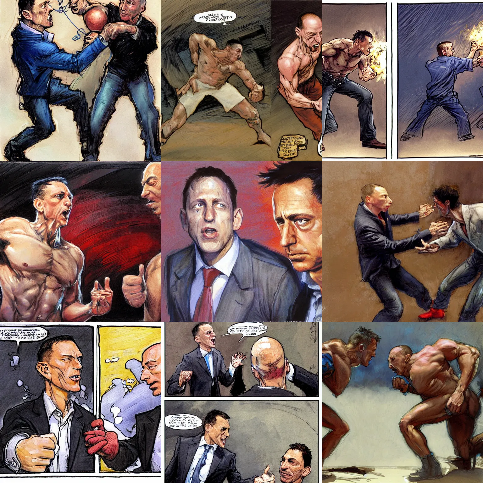 Prompt: peter thiel and jeff bezos fighting, artwork by steve huston