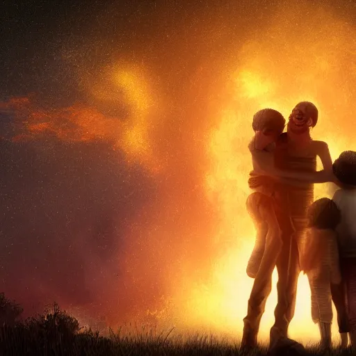 Image similar to A family hugging each other for the last time as the world is ending, meteors are falling from the sky, everything is on fire, dramatic lighting, digital art, very very very very very very beautiful, 8K, dark lighting, trending on Artstation, award winning