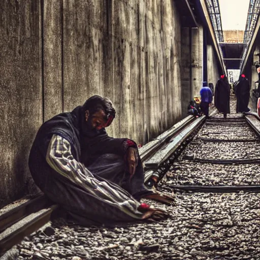 Prompt: poor people life under railway bridge, award winning, realistic, 2 0 0 0 p, hyper details, by steve mccury, best on adobe stock, cinematic, detailed place and people