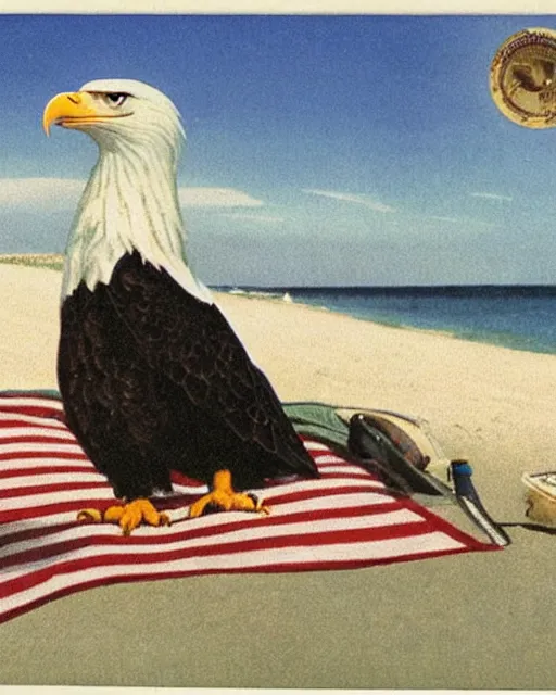 Image similar to postcard showing 'a cool bald eagle perched on a beach chair with shades and a beer bottle' laying in the sand, advertisement, american flag