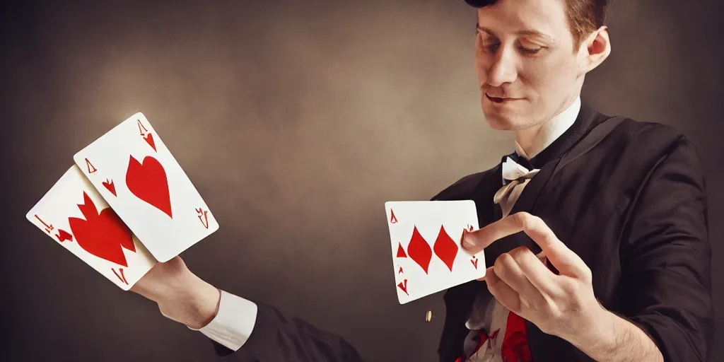 Prompt: magician doing a card trick, cardistry, cards, fantasy, digital art, soft lighting, 8 k