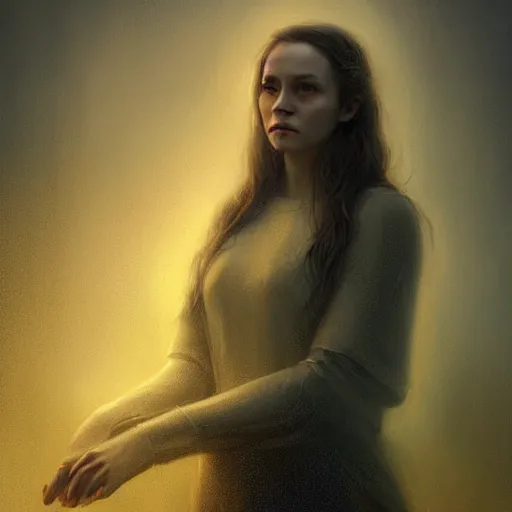 Image similar to Beautiful aesthetically pleasing female oracle of Delphi portrait, face centered portrait, Confident, fog, rain, volumetric lighting, beautiful, golden hour, sharp focus, ultra detailed, conceptartworld by Leesha Hannigan, Ross Tran, Thierry Doizon, Kai Carpenter, Ignacio Fernández Ríos