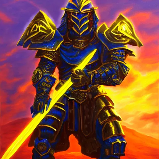 Image similar to A highly detailed matte acrylic painting of a heavily armored paladin wielding a very bright glowing gold sword, fighting in a huge battle at dusk.