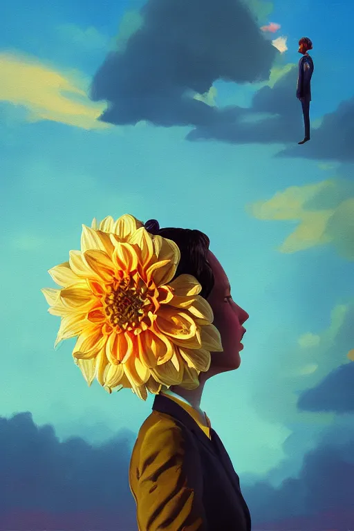 Image similar to closeup giant dahlia flower head, girl in a suit, surreal photography, blue sky, sunrise, dramatic light, impressionist painting, digital painting, artstation, simon stalenhag