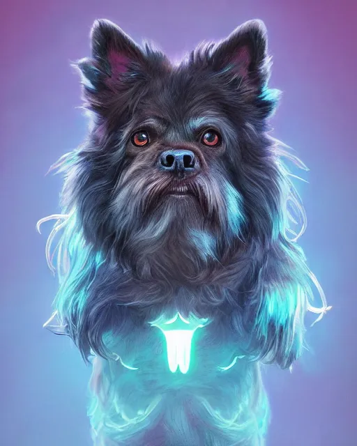 Image similar to one singular portrait of a cute bioluminescent dog-man, highly detailed, digital painting, cinematic, hyper realism, dark retrowave, art by Stanley Lau and Artgerm and magali villeneuve and Alphonse Mucha, artstation, octane render, cgsociety