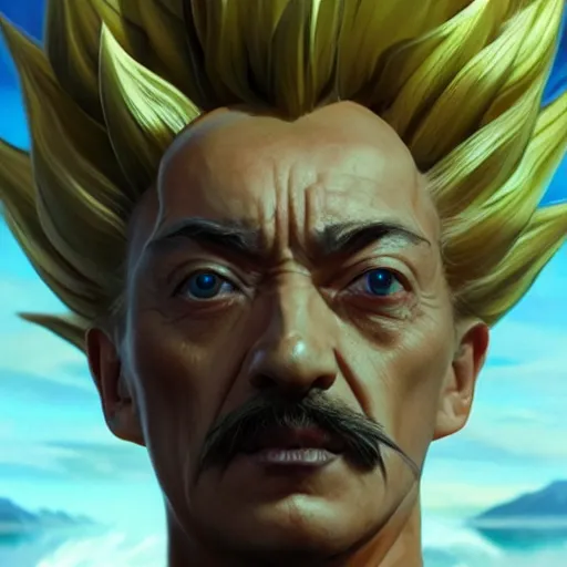 Prompt: salvador dali super saiyan, cinematic lighting, highly detailed, concept art, art by wlop and artgerm and greg rutkowski, masterpiece, trending on artstation, 8 k