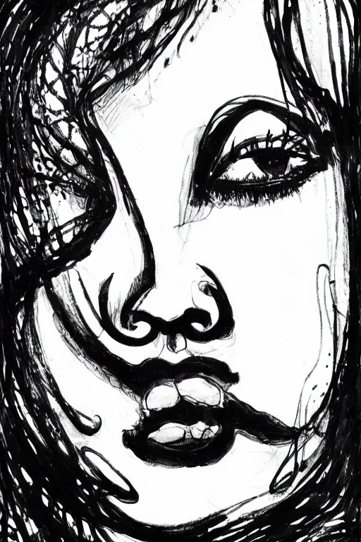 Image similar to ink lineart drawing of a beautiful heavy woman, dark lips, white background, etchings by goya, chinese brush pen, illustration, high contrast, deep black tones contour