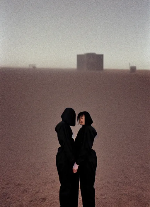 Image similar to cinestill 5 0 d photographic portrait of two loving clones, techwear women on a desolate plain, a brutalist dark metal facility in the background, dust storm, depth of field, 4 k, 8 k, hd, full color