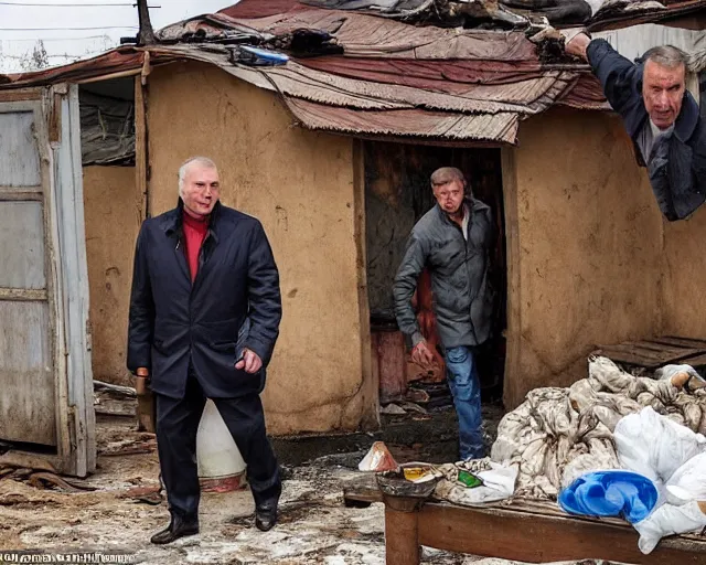 Prompt: фдучфтвук lukashenko inject heroin on the backdrop of poverty, wooden toilets, pits and squalor from vince gilligan film