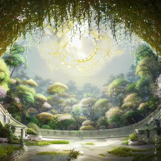 Image similar to dreamy landscape in an ornate baroque aya takano-inspired dream palace sparkle courtyard overgrown with metallic blender renders of falling iridescent flower petals, gorgeous cloud-structures surrounded by cute forest scenery with various futuristic exobiome-related plants, iridescent pixiv scenery artwork ornated by gold-trimmed nature, beautiful surrealism oil painting, trending on artstation