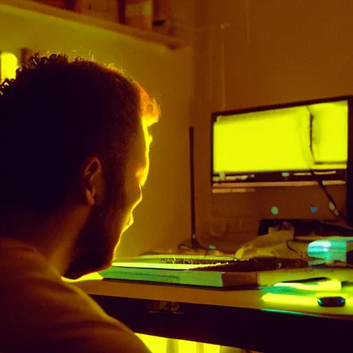 Image similar to a man sitting in front of a computer screen, glow on face, connected with wires to computer, https://i.ibb.co/Wz2Fw91/sebastian-szmyd-vhs-cyberpunk-2.jpg