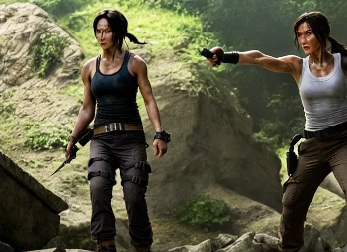 Image similar to film still of!!!! jackie chan jackie chan jackie chan!!! as lara croft in new tomb raider movie, 8 k