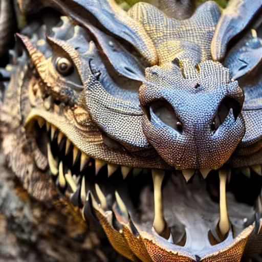 Image similar to a close up of a dragon with teeth bearing down on you