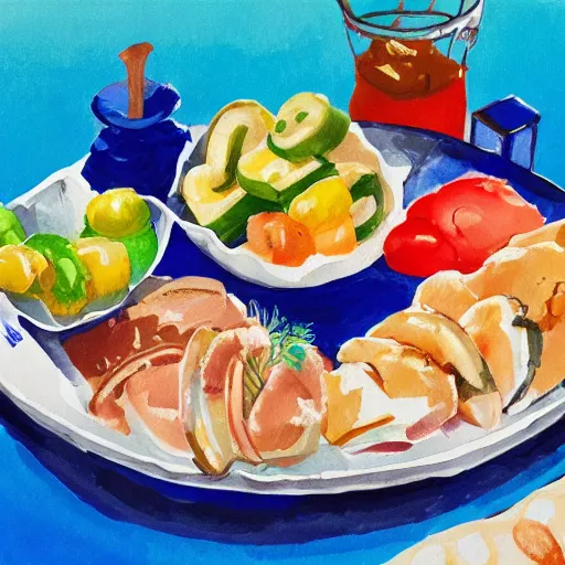 Prompt: Delicious meze platter. Gouache painting by studio Ghibli.