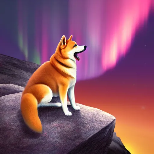 Image similar to shiba inu howling on top of a cliff. northern lights in the background. digital painting, award winning, high detail, high quality, 4 k, sharp and coherent, trending on artstation.