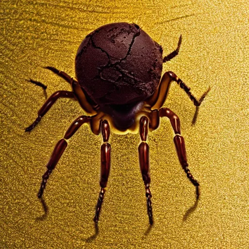 Image similar to detailed, textured photograph of a levitating chocolate ice cream cone with huge, hairy spider legs at the bottom. dramatic, golden light. realistic photograph.