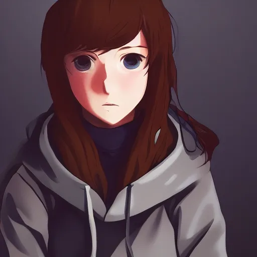 Prompt: a portrait of a moody teenage girl in a hoodie, dramatic lighting, makoto shinkai, trending on artstation