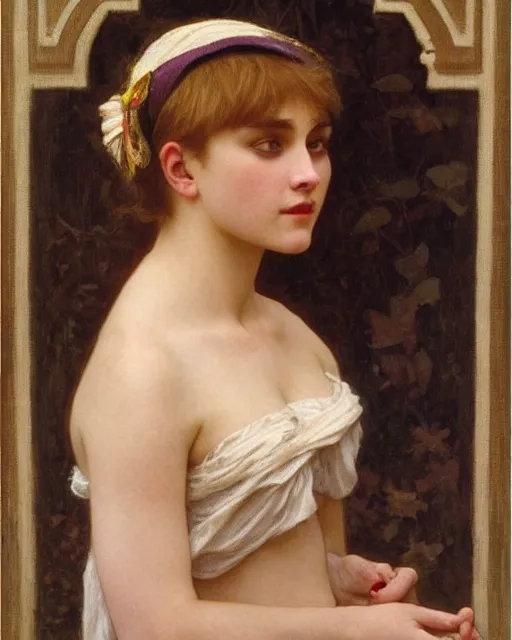 Image similar to annasophia robb with bowl haircut, bouguereau and mucha