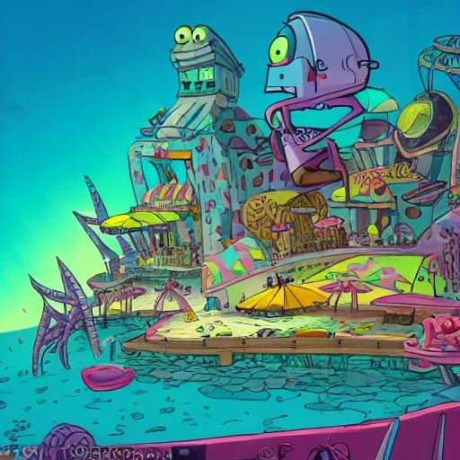 Image similar to bikini bottom drawn by stephen hillenburg, dynamic lighting, fantasy concept art, trending on art station, stunning visuals, creative, cinematic, ultra detailed