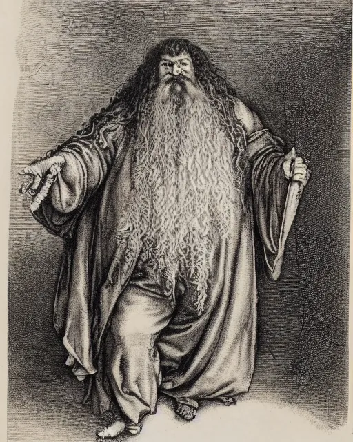 Prompt: an engraving of hagrid by albrecht durer, gustave dore, highly detailed, lithograph engraving