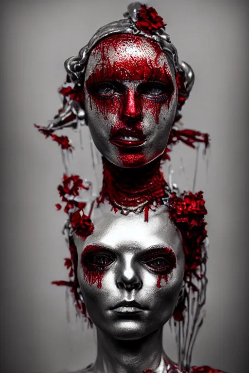 Prompt: russian matrioska made with chrome, metallic sculpture, layed on a red velvet fabric, by hedi xandt and emil melmoth, macabre art, dark surrealism, epic and cinematic view, volummetric light, texturized, detailed, 8 k