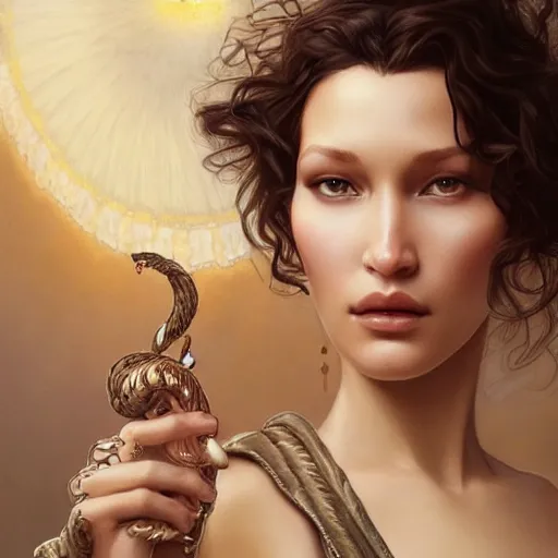 Image similar to ultra realistic illustration, bella hadid wearing a curly english mustache, intricate, elegant, highly detailed, digital painting, artstation, concept art, smooth, sharp focus, illustration, art by artgerm and greg rutkowski and alphonse mucha