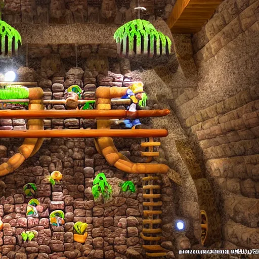 Prompt: Donkey Kong in a beautiful mine, with crystals on the walls.