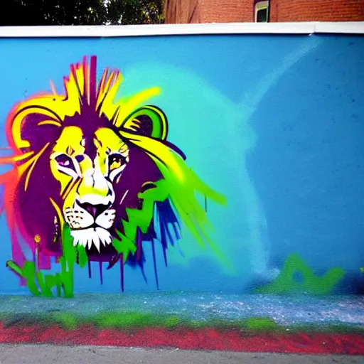 Image similar to wall with graffiti, splash painting of a lion by depose