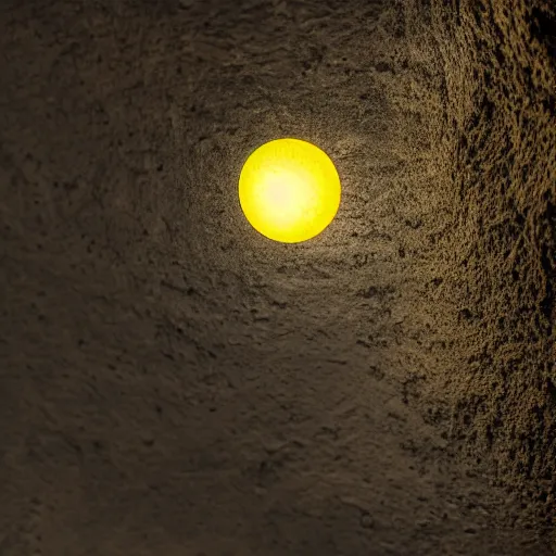 Image similar to studio lighting photograph of a ball shaped flying insect with a glowing round yellow belly in a cave