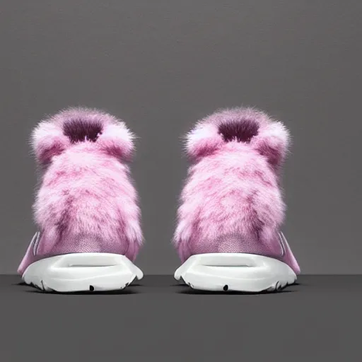 Image similar to nike shoe made of very fluffy pink faux fur placed on reflective surface, professional advertising, overhead lighting, heavy detail, realistic by nate vanhook, mark miner