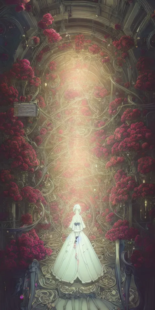 Prompt: the beautiful hyperdetailed physical rendering of a rose wedding gothic lolita dress clothing design display in exhibition hall, exhibition hall lighting, in the style of makoto shinkai victo ngai and peter mohrbacher studio ghibli artgerm karol bak beeple, surrealistic style, 8 k hd, 3 drender