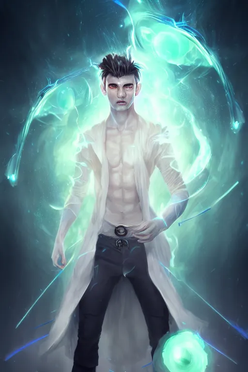 Image similar to a human elemental sorcerer, blurred environment background, magic effects, white skin, portrait, male, sharp focus, digital art, concept art, post processed, dynamic lighting, by emylie boivin and rossdraws