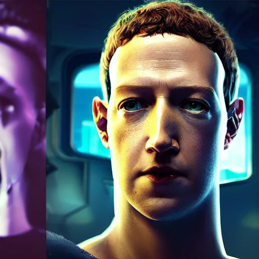 Image similar to front view, imposing, ominous portrait of cyborg Mark Zuckerberg as a cyberpunk 2077 loading screen, symmetry, front view, intricate, studio, art by anthony macbain + greg rutkowski + alphonse mucha, concept art, 4k, sharp focus