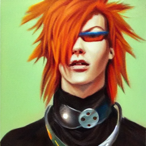 Image similar to oil painting of punk looking tracer wearing steel choker,